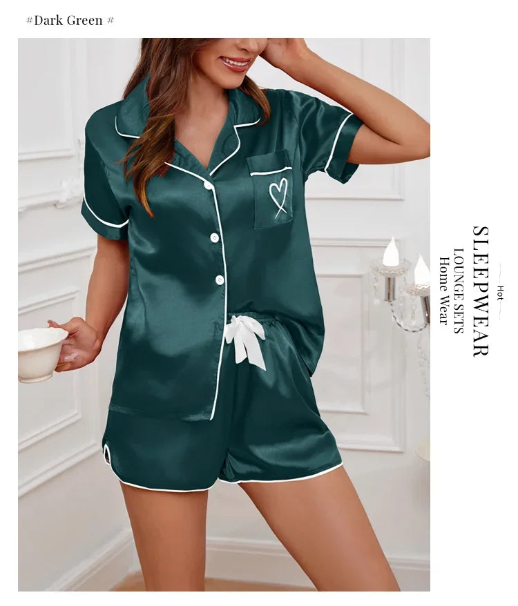 Conjunto de pijama para mujer, ropa de dormir con bolsillo bordado en forma de corazón, Top y pantalones cortos de manga corta con botones, pijama, ropa para el hogar