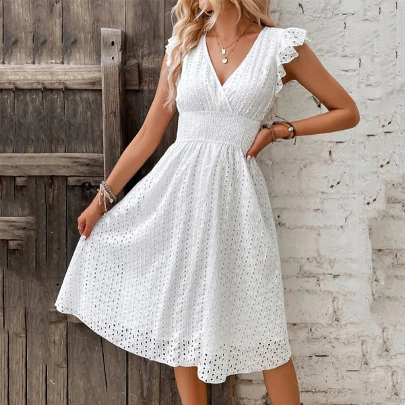 Vestido de playa con cuello en V para mujer, vestido de verano con manga acampanada, Color sólido, cintura de encaje hueca, vestidos informales para vacaciones en la playa