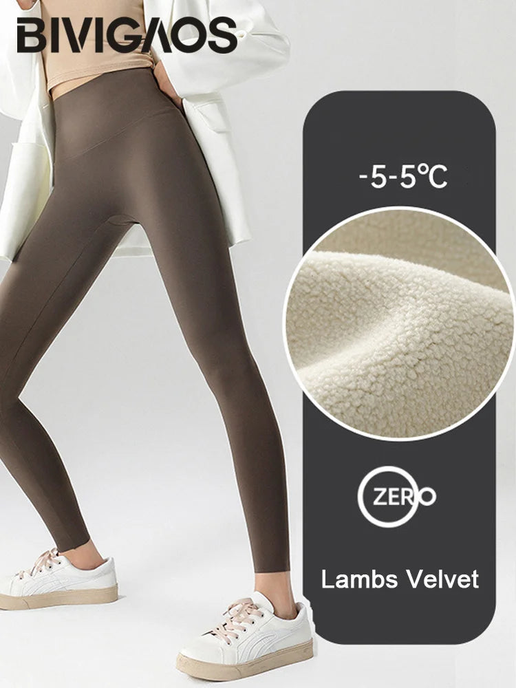 BIVIGAOS-mallas gruesas de terciopelo de Alpaca para mujer, mallas de tiburón negro, cintura alta, ajustadas, sin costuras, cálidas, para otoño e invierno