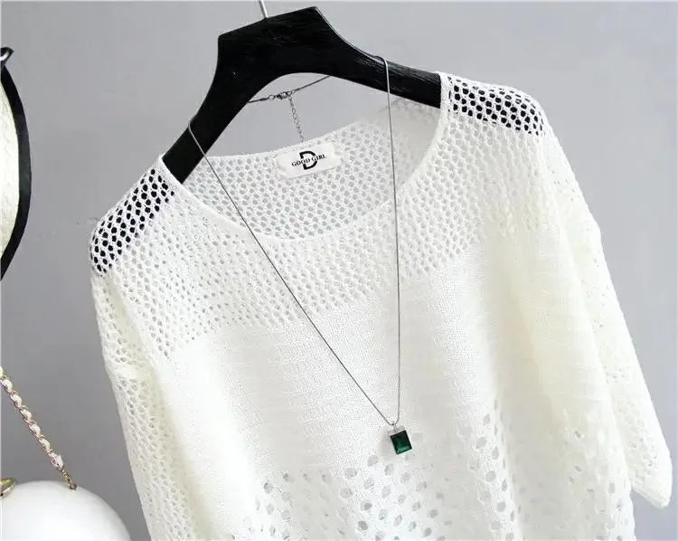 Primavera y novedad de verano, chaleco tejido de seda de hielo, Top calado, parte inferior fina, ropa de calle, camisa para mujer