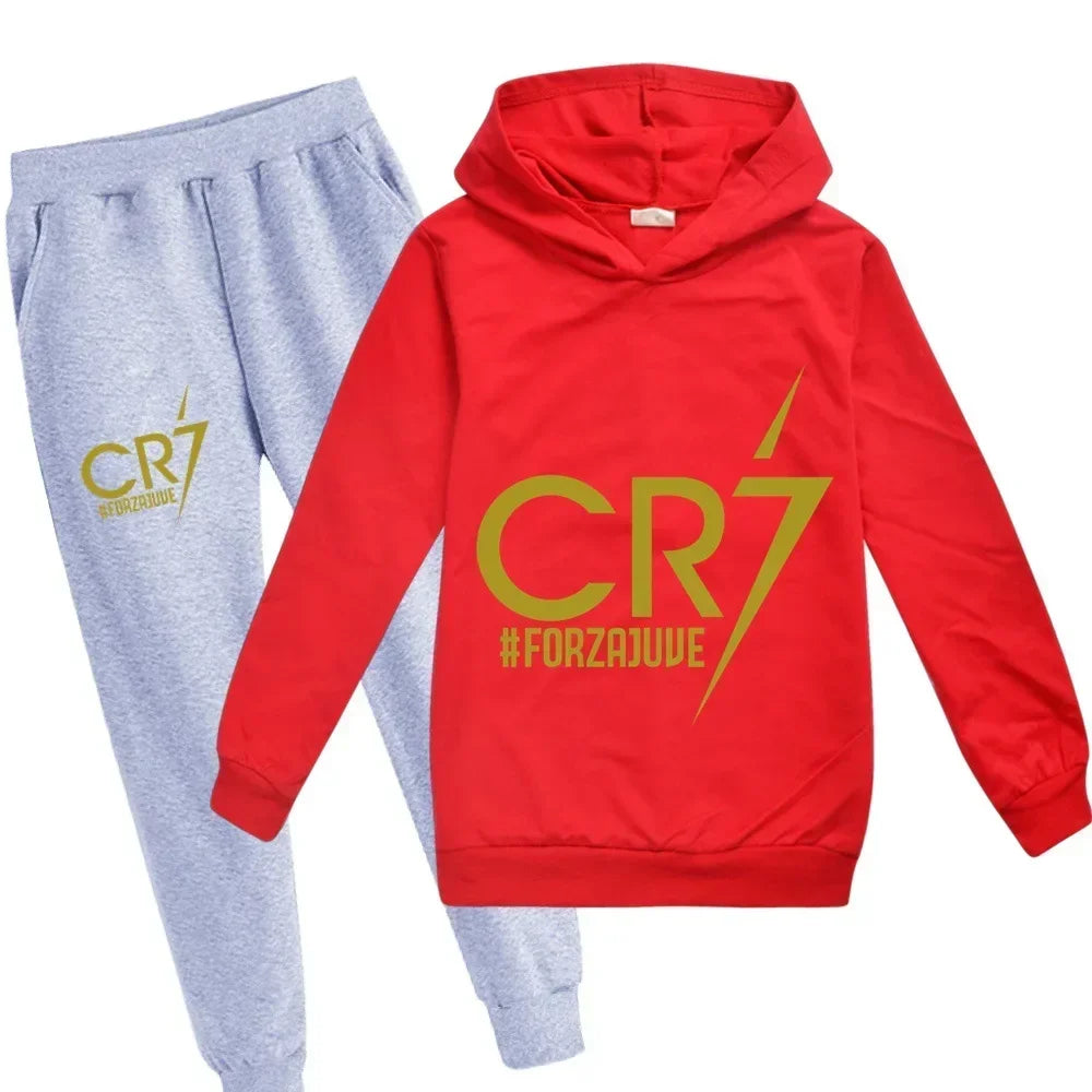 Ropa de primavera y otoño para niños, regalos de vacaciones, chándal de fútbol con estampado CR7, Sudadera con capucha y pantalones, conjunto de 2 uds para niño y niña de 3 a 12 años