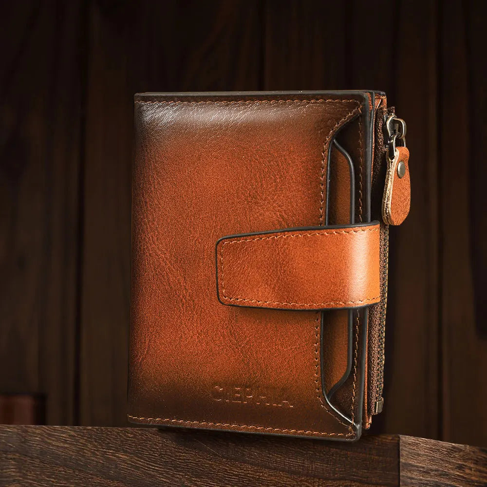 CIEPHIA Cartera Retro de cuero genuino para hombre, monedero antirrobo con cremallera, capa superior de piel de vaca, uso diario informal de negocios