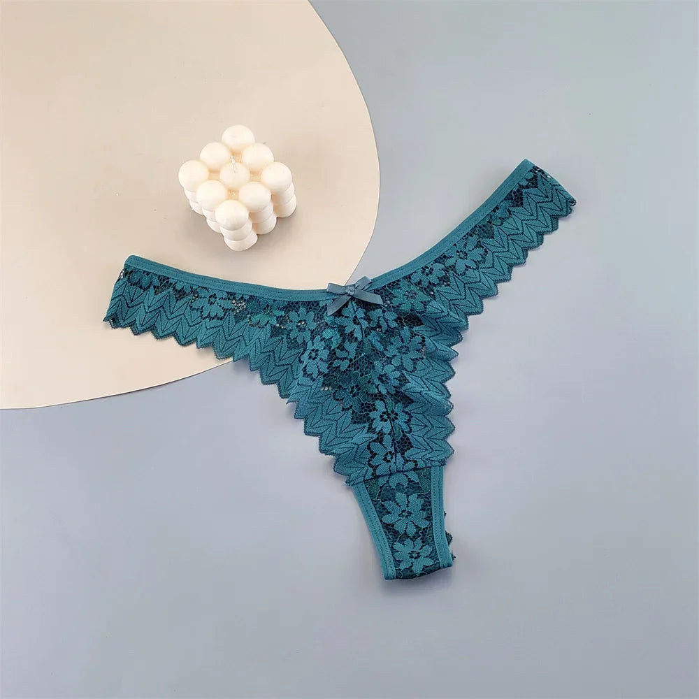 Paquete de 3 tangas de encaje para mujer, ropa interior transparente de cintura media, bragas femeninas con volantes, tallas grandes