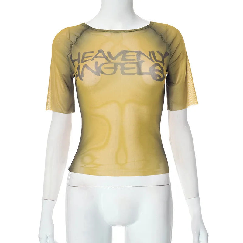 Top con estampado De letras Y2K, camisetas gráficas transparentes para Mujer, Ropa estética De manga corta, Ropa De Mujer ajustada, ropa De calle Sexy
