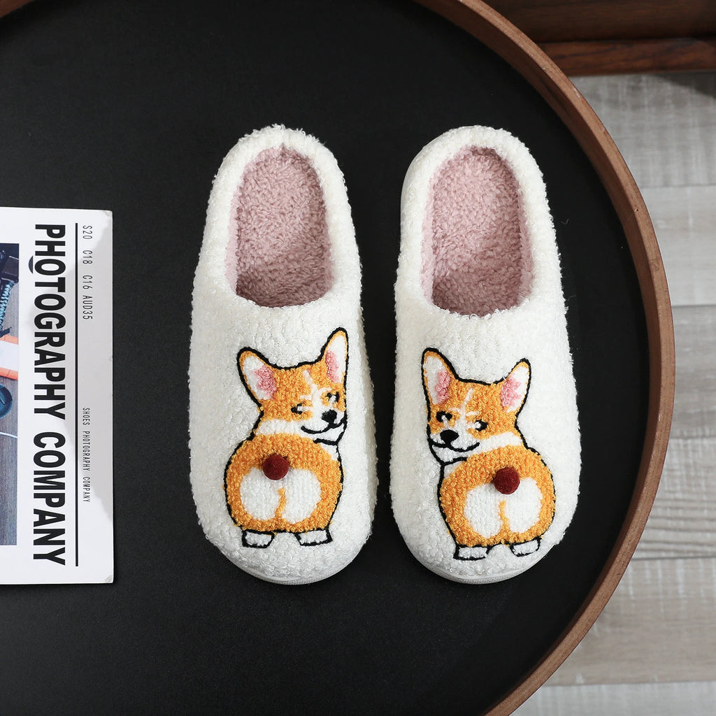 Pantuflas de algodón afelpadas y cómodas con suela gruesa, bordadas con patrón de perro Corgi, cálidas, antideslizantes, para interiores, regalo para amantes de los perros, unisex