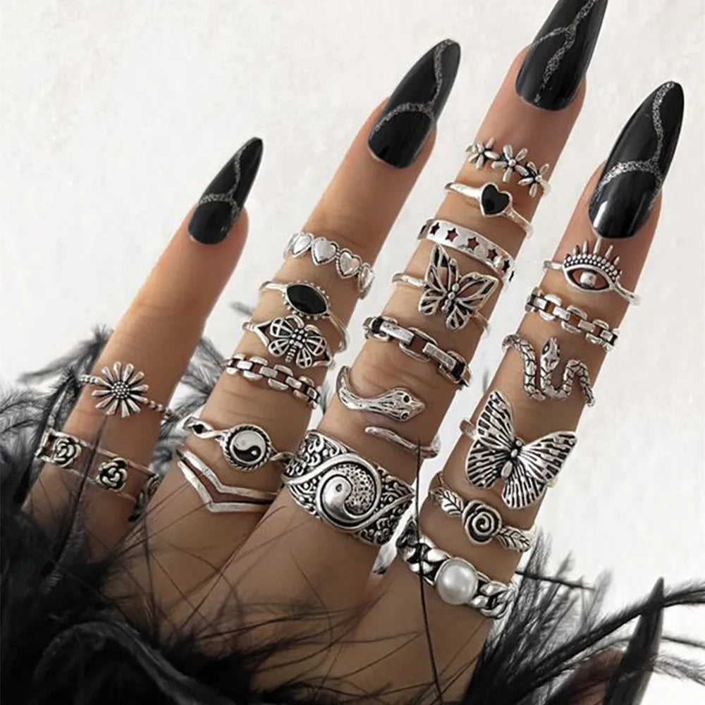 21 unids/set Punk gótico mariposa serpiente corazón anillos conjunto para Mujeres Hombres Vintage plateado geométrico anillos de dedo joyería de fiesta