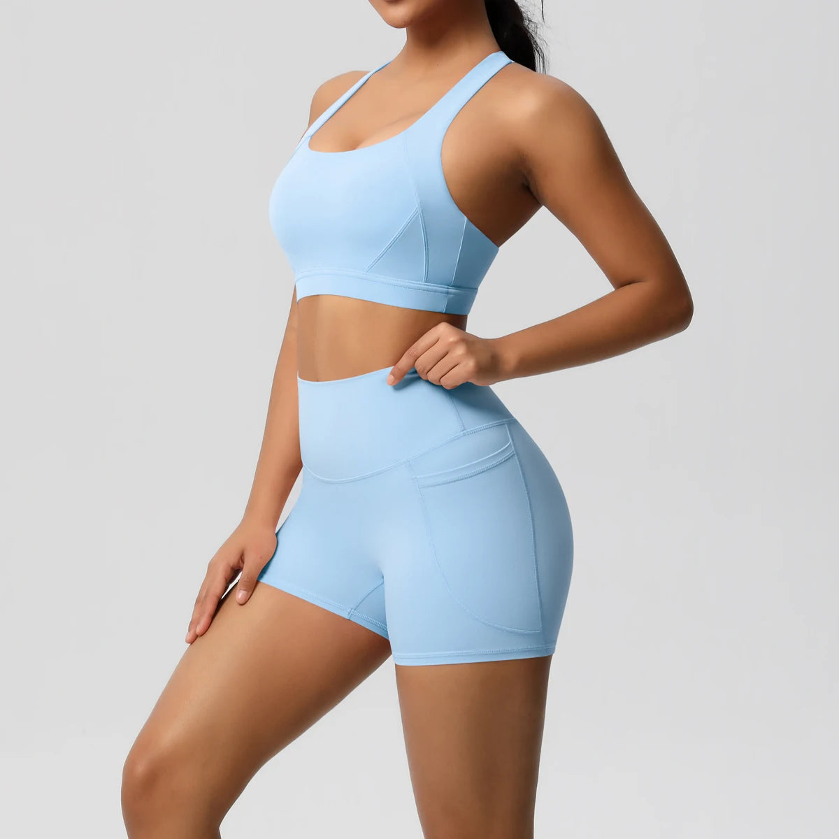 Ropa deportiva con bolsillo para mujer, conjunto de Yoga, ropa de gimnasio, trajes de Yoga para mujer, chándales, pantalones cortos deportivos, sujetador cruzado, mallas de gimnasio, 2 uds.
