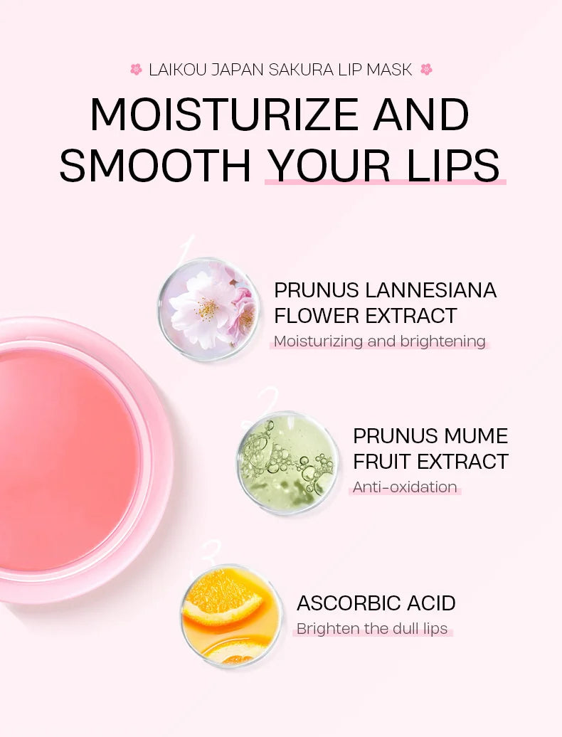 LAIKOU-mascarilla de suero labial de flor de cerezo, reparación de exfoliación de grietas secas, Reduce las líneas finas de los labios, esencia hidratante, cuidado de belleza Sakura, 8g