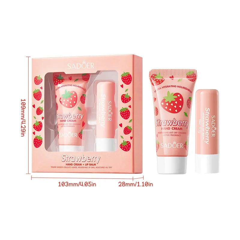 Crema nutritiva de fresa para manos, bálsamo labial, juegos de cuidado de la piel, hidratante, labios regordetes, lápiz labial de frutas, labios regordetes, cuidado de la piel de las manos