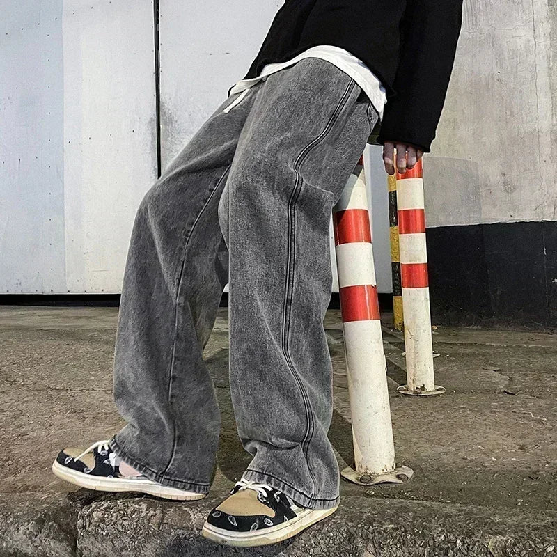 Ropa de calle de estilo coreano, nueva moda, pantalones vaqueros informales holgados para hombre, pantalones vaqueros Harajuku de calle alta, pantalones de marca para hombre, negro, gris y azul