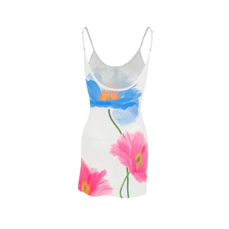 Minivestido Sexy para mujer, novedad de verano, moda blanca, ropa de calle con cuello redondo, vestido sin mangas estampado con tirantes y espalda descubierta, vestido elegante ajustado informal