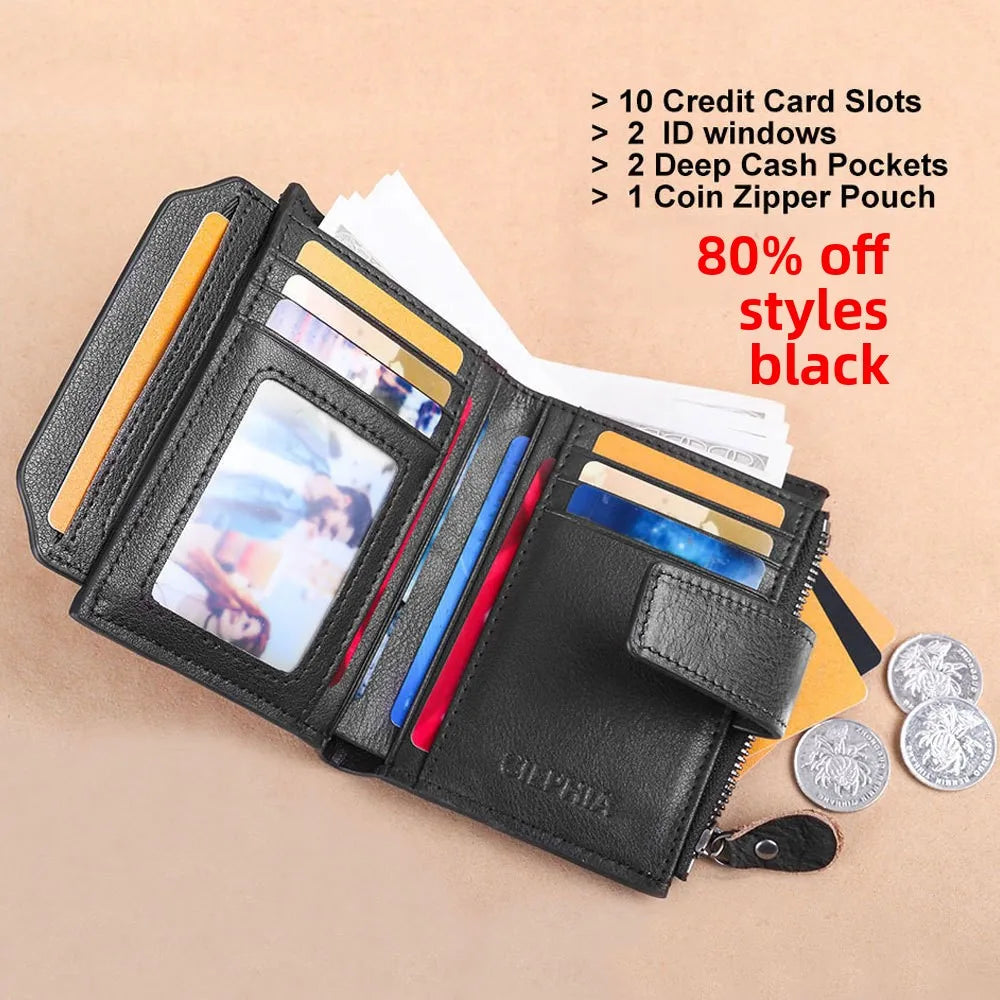 CIEPHIA Cartera Retro de cuero genuino para hombre, monedero antirrobo con cremallera, capa superior de piel de vaca, uso diario informal de negocios
