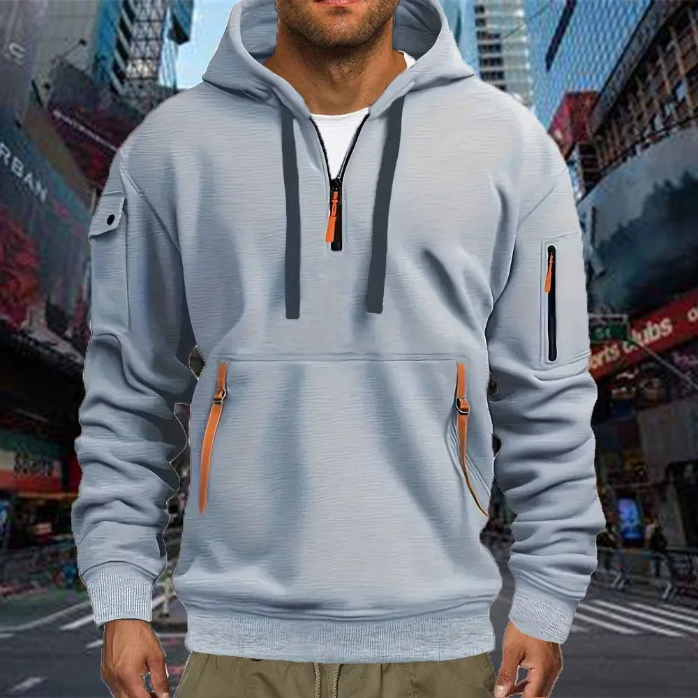 Sudadera deportiva informal para hombre, jersey de manga larga de Color sólido a la moda para primavera y otoño con bolsillo en el brazo y cuerda de tracción de talla grande