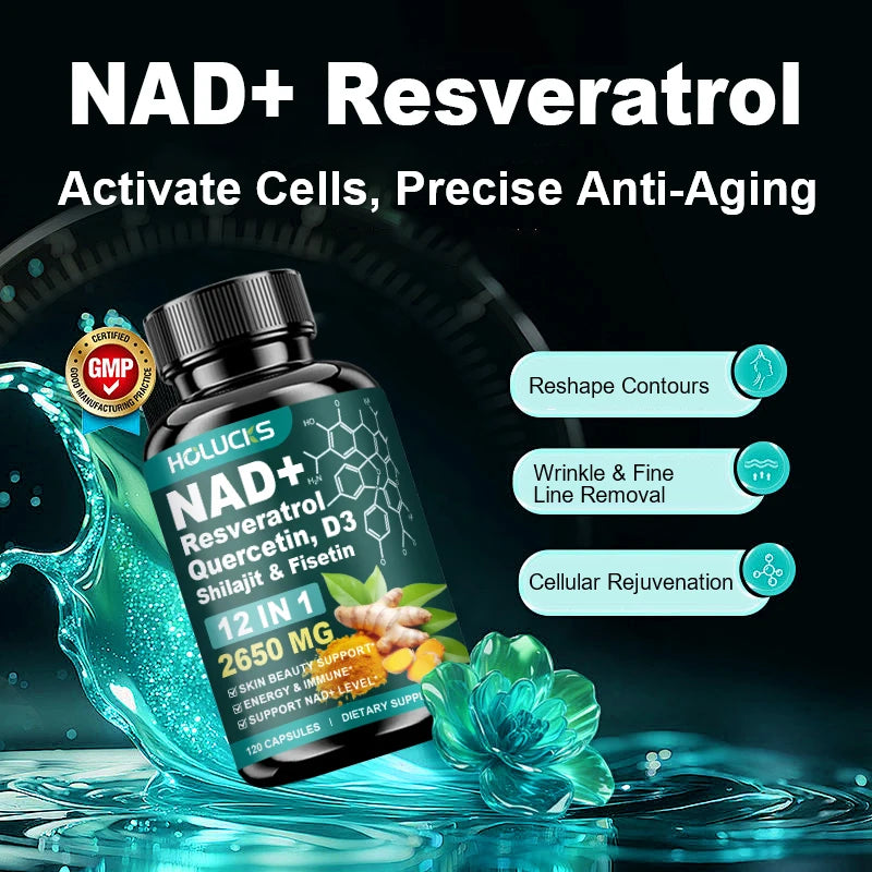 Cápsulas de NAD+ con Resveratrol, Suplemento 12 en 1, Mejora la Vitalidad Celular, Apoya la Energía y la Concentración, la Salud Inmunológica y de la Piel