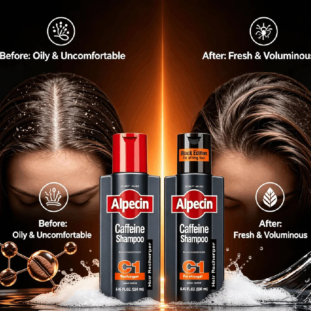 Champú Alpecin C1 con Cafeína de Alemania, Anticaída, Control de Grasa, Elimina la Caspa, Limpia Profundamente los Folículos Pilosos, Repara el Cabello
