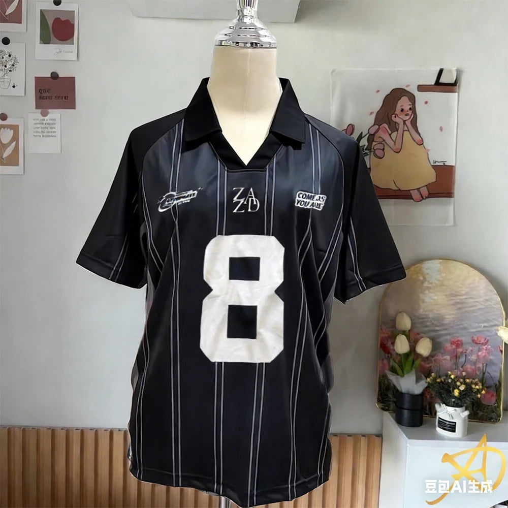 Camiseta de Verano para Mujer, Nueva, Número 8, de Manga Corta, Estilo Urbano Y2K, Deportiva, Informal, con Estampado de Letras, Tipo Polo