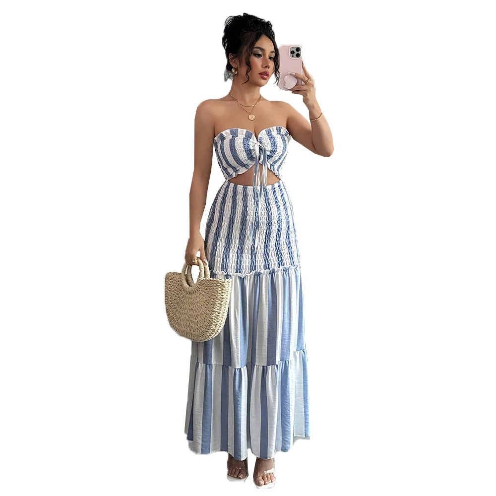 Vestido a Rayas de Moda con Hombros Descubiertos, Falda con Trenzas Delanteras, Elegante Vestido para Damas