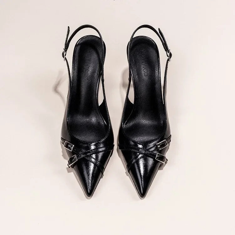 Nuevos zapatos de tacón alto con punta estrecha a la moda, zapatos de tacón alto con hebilla elegante decorada, zapatos de mujer negros de aguja NO: 602