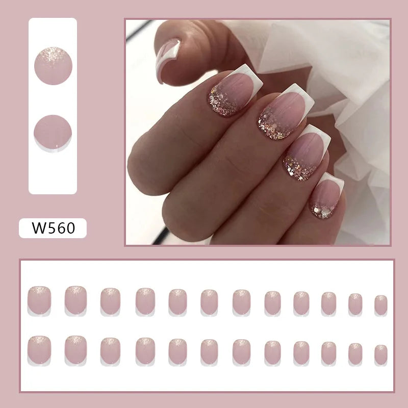 Dulce francés 24 Uds. De uñas postizas degradadas rosas, manicura de dedos artificiales brillantes, uñas postizas reutilizables para mujeres