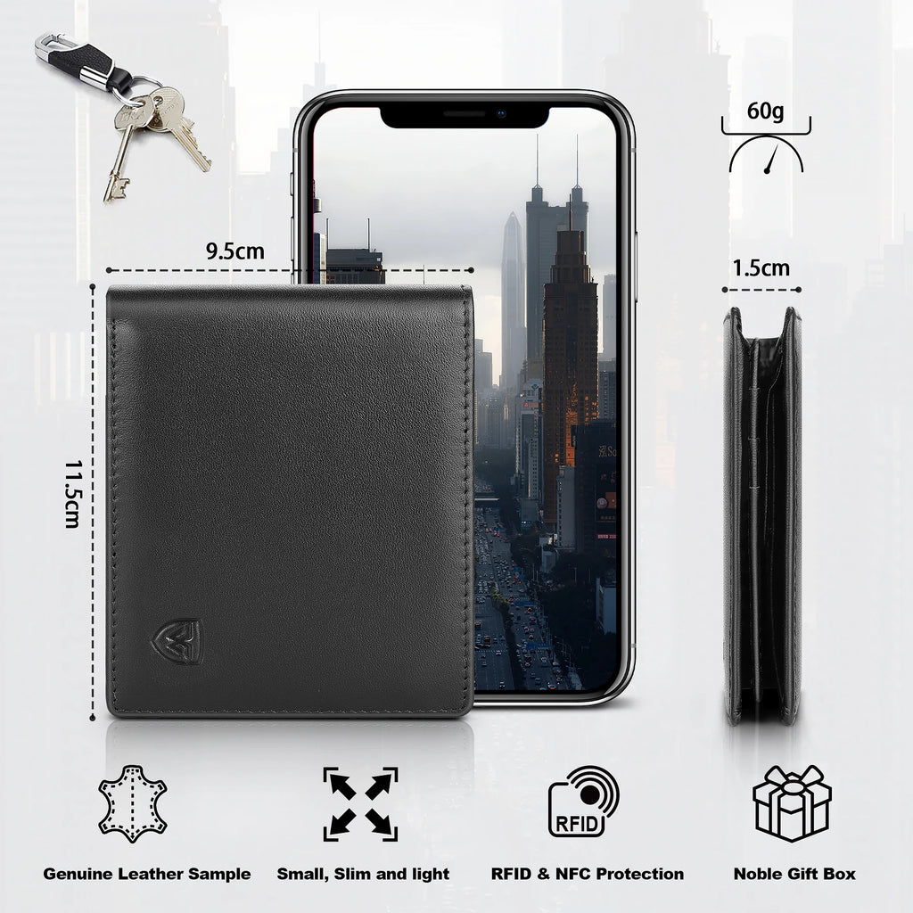 Cartera de cuero genuino para hombre, monedero suave negro clásico, tarjetero con bolsillo para monedas