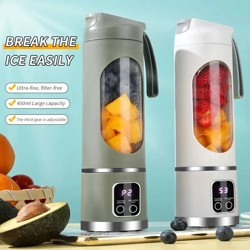 Exprimidor de frutas portátil de 10 hojas, capacidad de 450ml, 3 engranajes, licuadora recargable por USB, trituradora de hielo para batidos y batidos, taza exprimidora