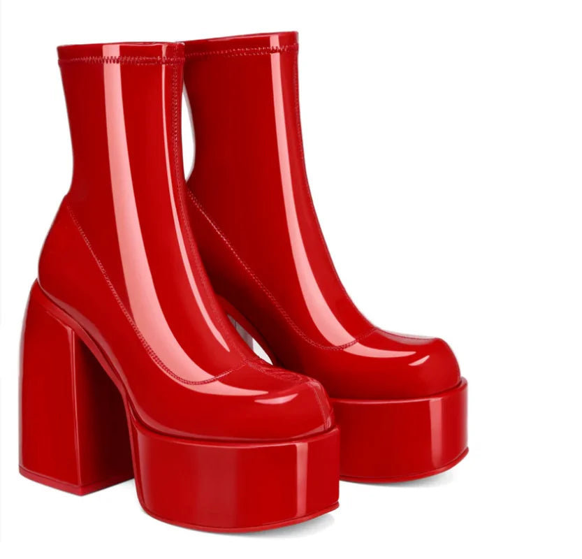 Botas modernas con tacones de plataforma para mujer, botas de cuero con punta redonda, tacones gruesos, zapatos de tacón de bloque de diseñador con cremallera, zapatos informales a la moda para chicas