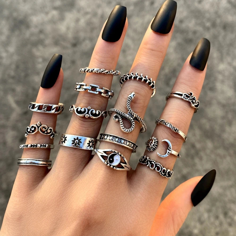 21 unids/set Punk gótico mariposa serpiente corazón anillos conjunto para Mujeres Hombres Vintage plateado geométrico anillos de dedo joyería de fiesta