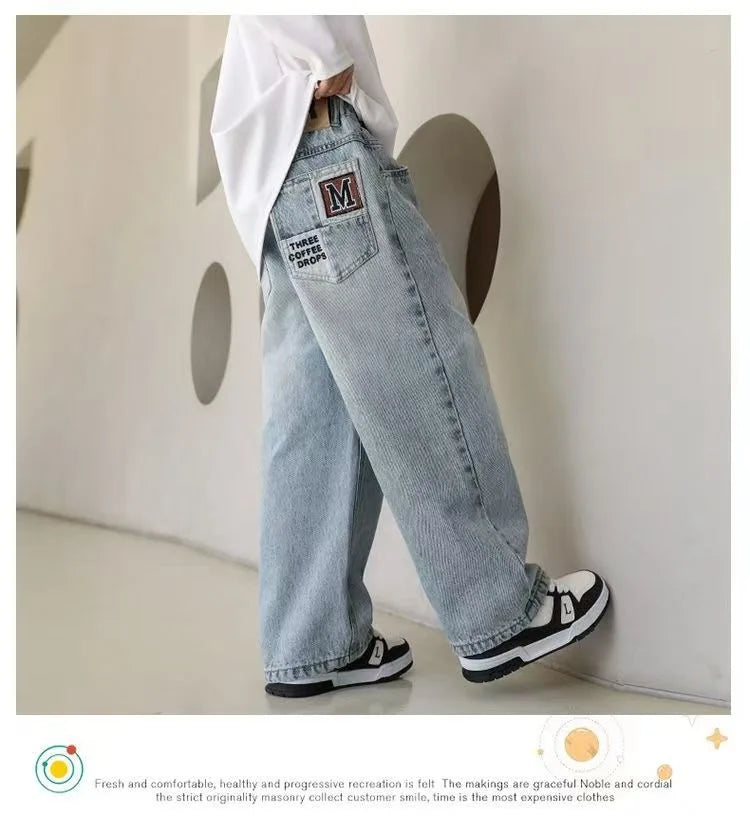 Pantalones vaqueros cálidos de invierno para niños, nuevo estilo, pantalones vaqueros holgados de pierna recta de marca a la moda para adolescentes y niños, pantalones sueltos para niños