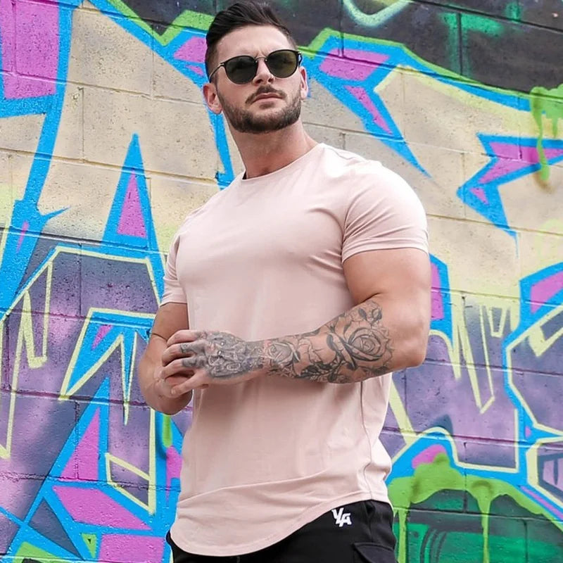 Camiseta de entrenamiento muscular, camiseta de manga corta de entrenamiento de verano para hombre, camiseta de fitness de algodón de alta calidad para hombre, camisetas de color sólido para gimnasio