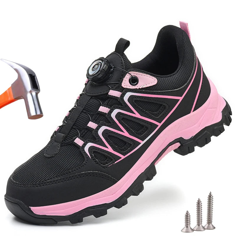 Zapatos de seguridad para el trabajo para mujer, zapatillas de trabajo con punta de acero, botón giratorio, transpirables, antideslizantes, protección a prueba de pinchazos, botas de seguridad rosas
