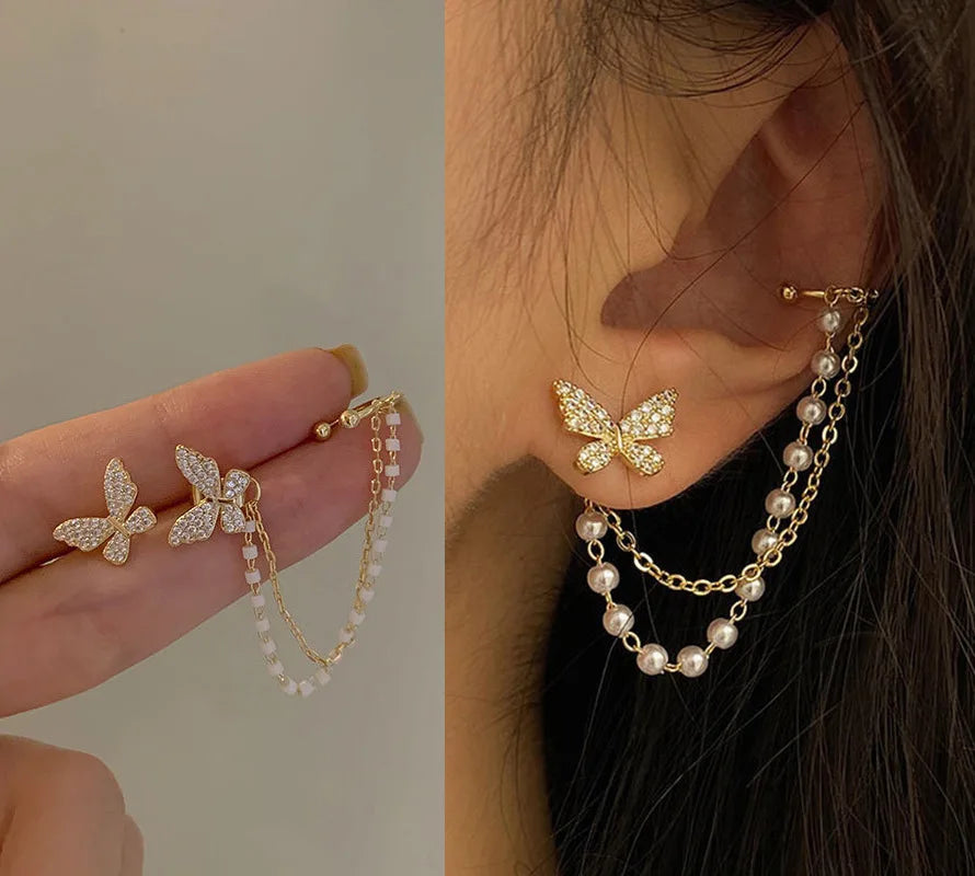 Pendientes de tuerca de mariposa con diamantes de imitación para mujer y niña, joyería de cadena de Metal, regalos