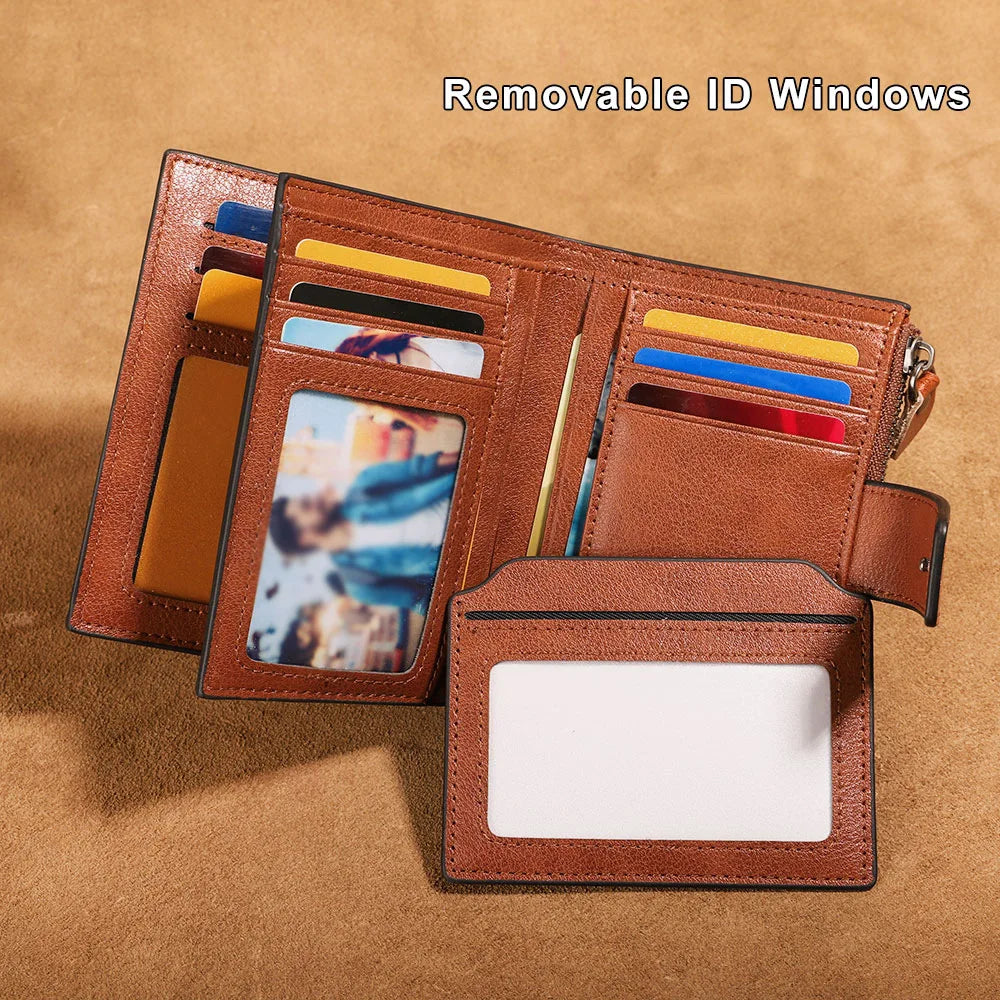 CIEPHIA Cartera Retro de cuero genuino para hombre, monedero antirrobo con cremallera, capa superior de piel de vaca, uso diario informal de negocios