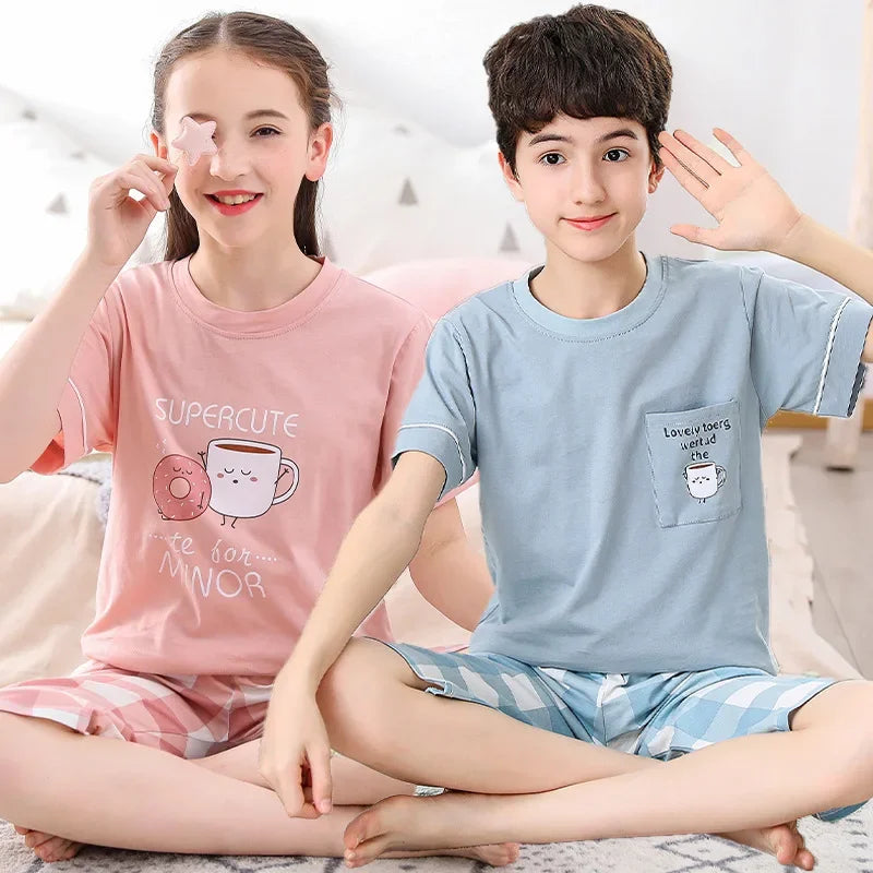 Pijamas de manga corta para adolescentes, 100% algodón, para niños grandes conjuntos de ropa, pijamas para niños, pijamas para niñas de 10, 12, 14 y 16 años