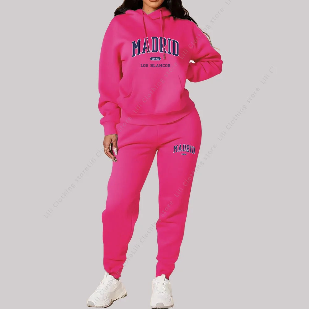 Nuevo chándal para mujer, sudaderas con capucha de otoño e invierno, pantalones de chándal, trajes de 2 piezas, ropa deportiva con estampado de Madrid, conjuntos de pantalones para mujer