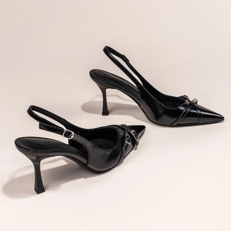 Nuevos zapatos de tacón alto con punta estrecha a la moda, zapatos de tacón alto con hebilla elegante decorada, zapatos de mujer negros de aguja NO: 602