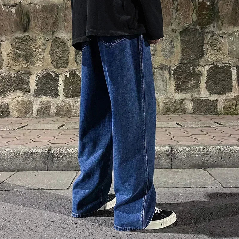 Ropa de calle de estilo coreano, nueva moda, pantalones vaqueros informales holgados para hombre, pantalones vaqueros Harajuku de calle alta, pantalones de marca para hombre, negro, gris y azul
