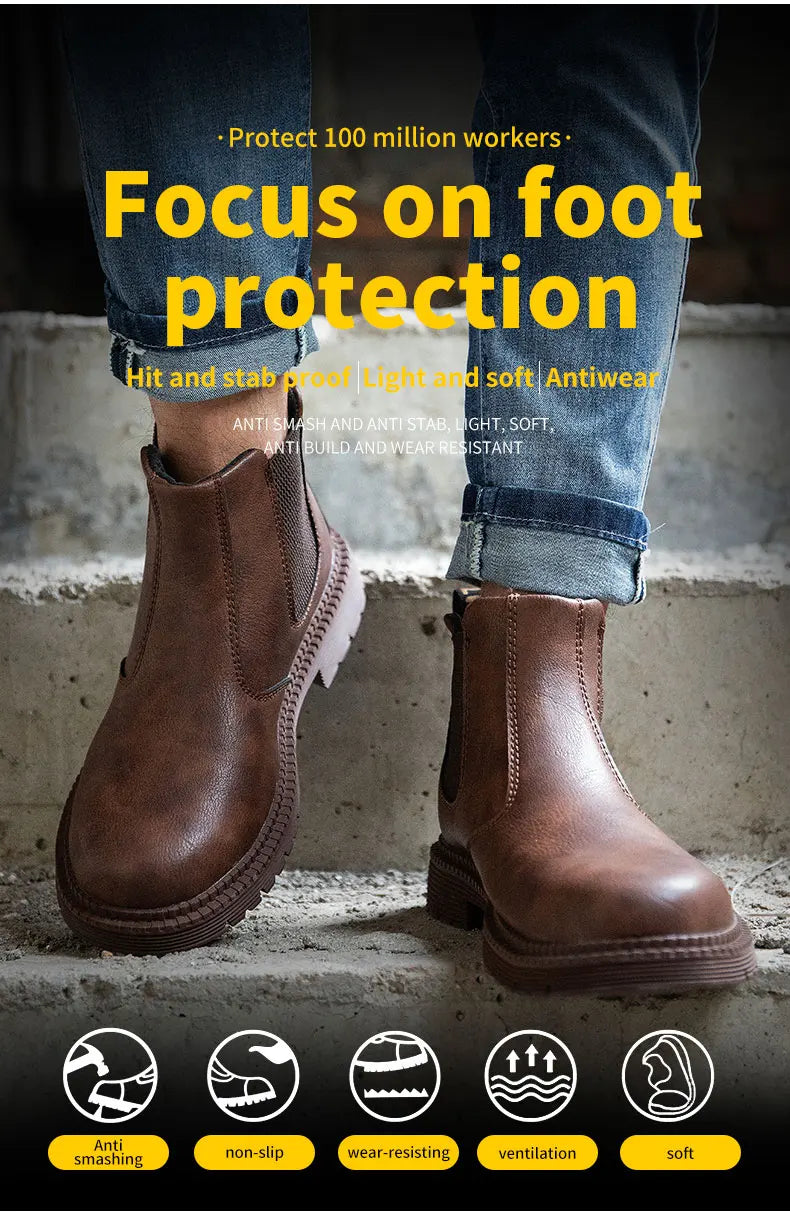 Botas de trabajo Lerther para hombre, zapatos de seguridad indestructibles, zapatillas de trabajo a prueba de pinchazos con punta de acero, zapatos de trabajo para hombre