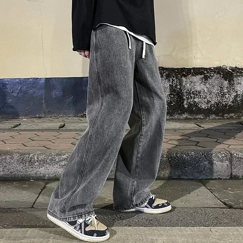 Ropa de calle de estilo coreano, nueva moda, pantalones vaqueros informales holgados para hombre, pantalones vaqueros Harajuku de calle alta, pantalones de marca para hombre, negro, gris y azul