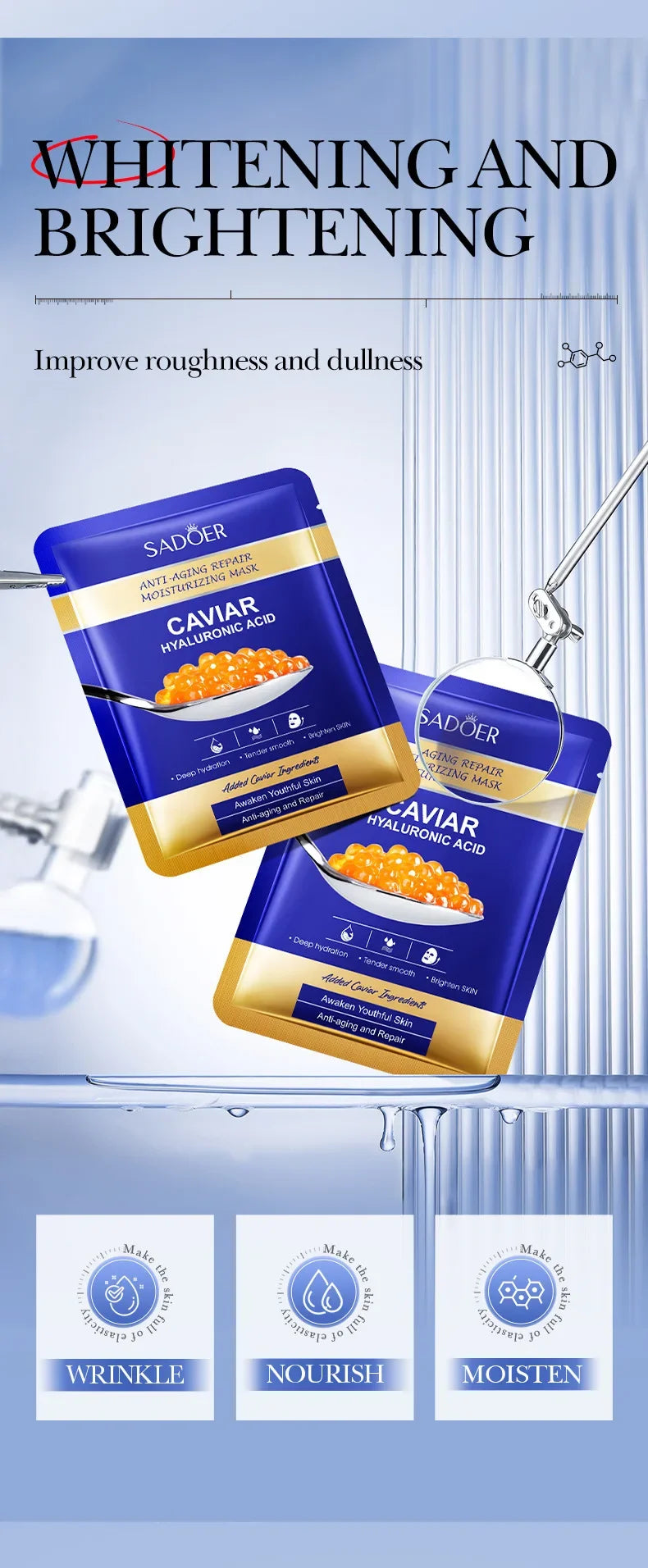 5 uds SADOER Caviar ácido hialurónico mascarillas faciales hidratantes brillo reafirmante mascarilla Facial hidratante productos para el cuidado de la piel Facial