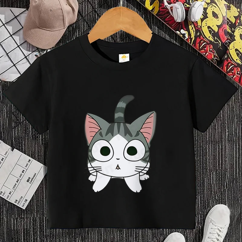 Camiseta con estampado de gato para niños y niñas, camiseta de dibujos animados, camiseta informal de manga corta, ropa cómoda y divertida para verano