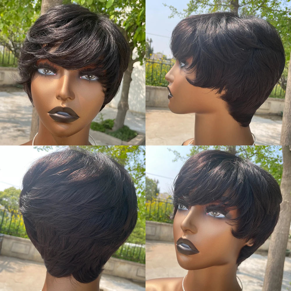 Peluca corta de corte Pixie, cabello humano para mujeres negras, pelucas hechas a máquina con flequillo, peluca corta, pelucas de cabello humano