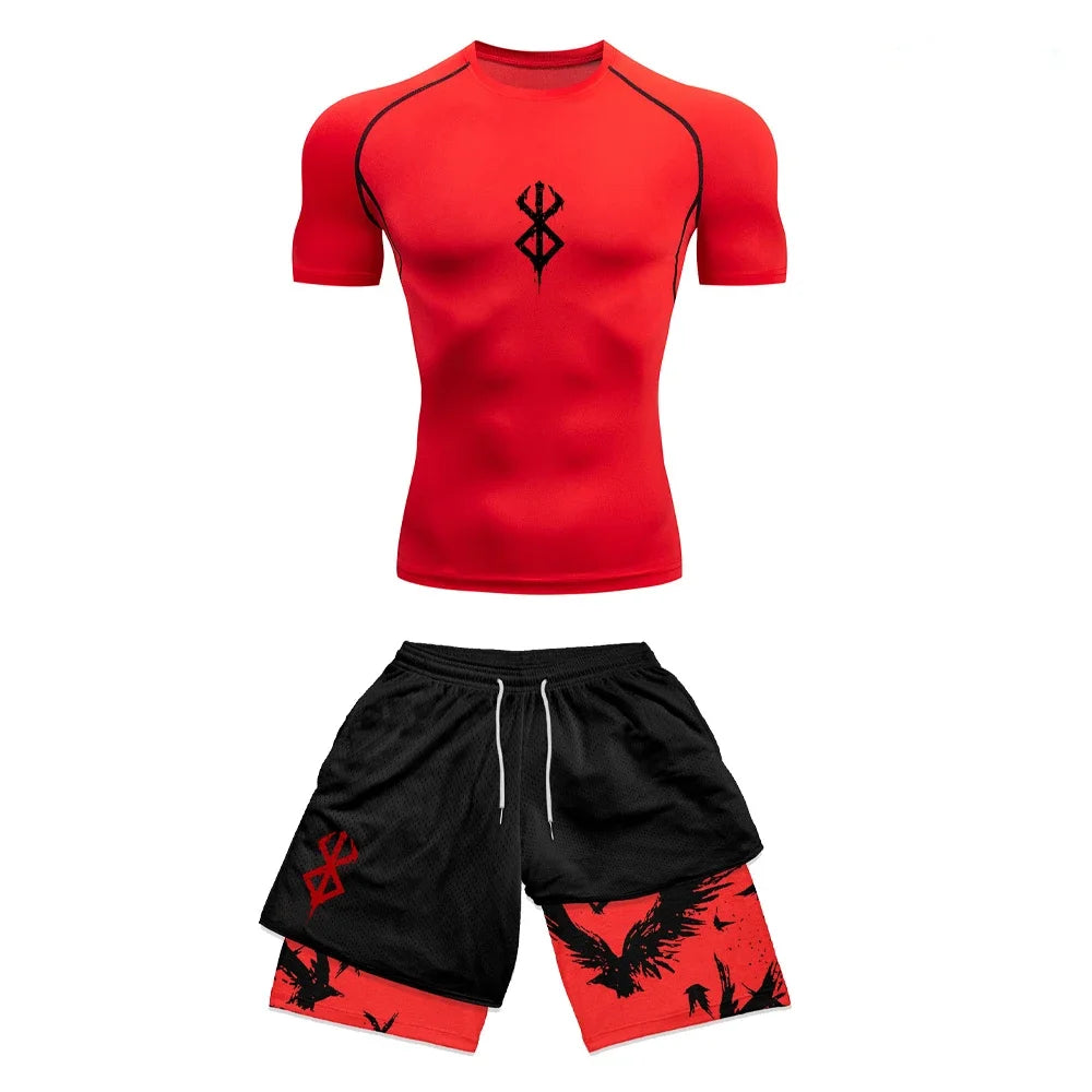 Conjunto de compresión con estampado 3D de Anime para hombre, Top de gimnasio de manga corta + pantalones cortos de entrenamiento, conjunto de protección contra sarpullidos transpirable de secado rápido
