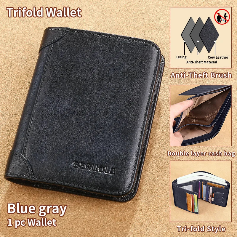 GERUOLA Cartera delgada de cuero genuino con protección RFID para hombre, tarjetero multifuncional para identificación y tarjeta de crédito, color marrón oscuro con adornos