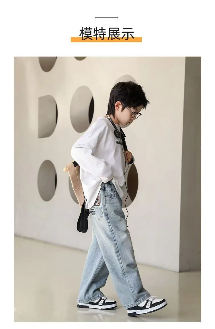 Pantalones vaqueros cálidos de invierno para niños, nuevo estilo, pantalones vaqueros holgados de pierna recta de marca a la moda para adolescentes y niños, pantalones sueltos para niños