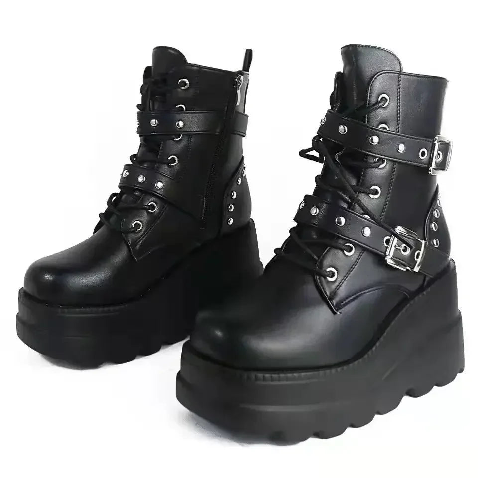 Nuevos botines de cuero Pu para mujer, Otoño Invierno, zapatos con cordones y punta redonda, botas góticas con plataforma para motocicleta para mujer, Cosplay