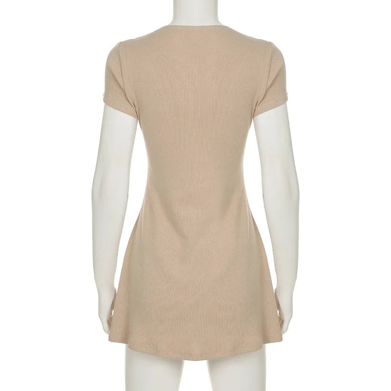 Novedad de verano, minivestido elegante de punto sin tirantes para mujer, vestidos de manga corta con cuello en V y botones, ropa de calle para mujer Ne