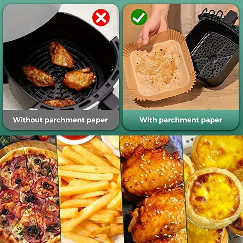 Bandeja de papel especial para freidora de aire, almohadilla de papel absorbente de aceite resistente a altas temperaturas, papel cuadrado para hornear, cocina, 50/100 Uds.