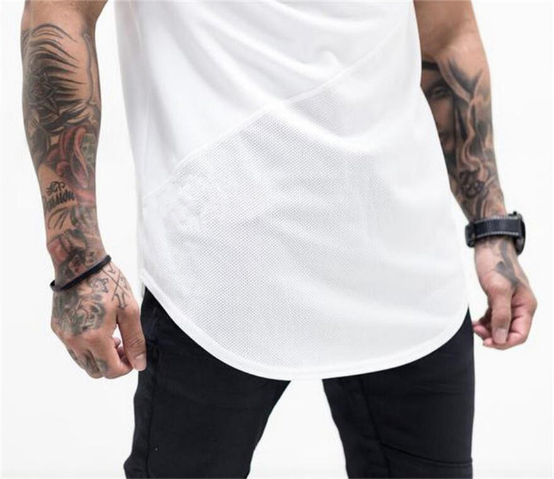 Camiseta musculosa para hombre, camisetas para gimnasio, culturismo, Fitness, Tops de algodón de retales, camiseta ajustada de malla, Camiseta deportiva de algodón de manga corta