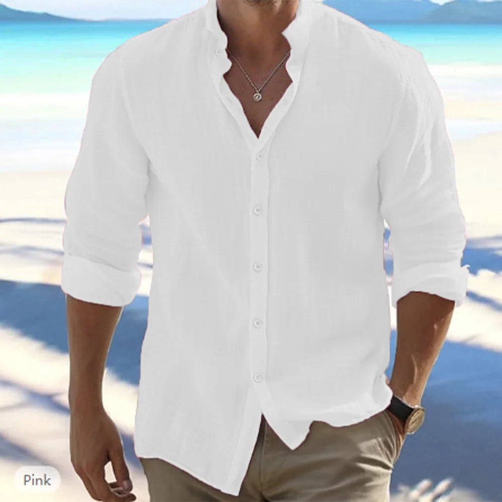 Camisas de manga larga para hombre, gran oferta de lino y algodón, Color sólido, cuello levantado, estilo informal de playa de talla grande, verano