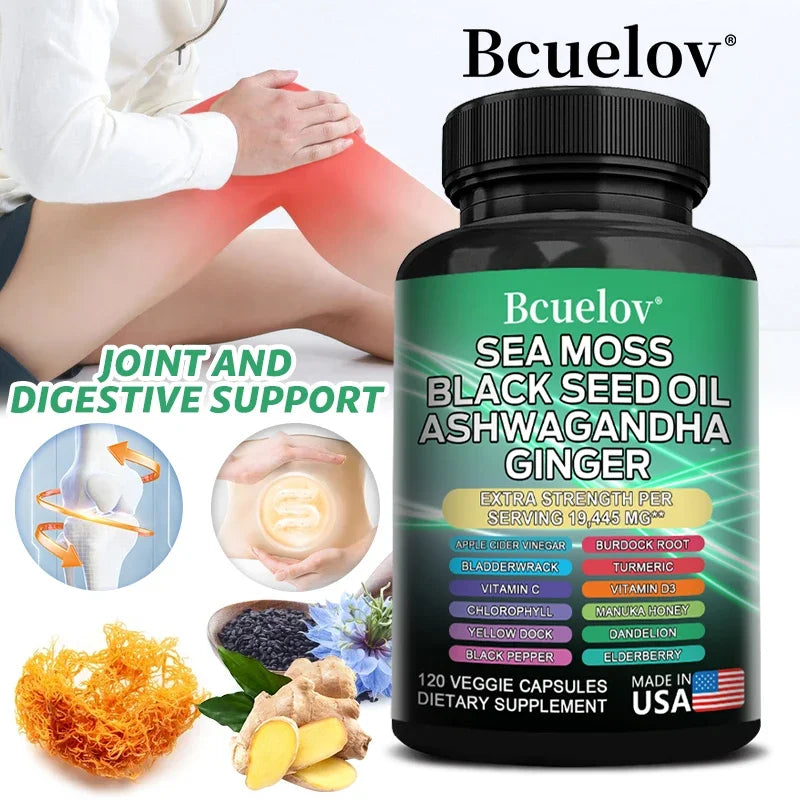 Musgo marino, aceite de semillas negras, ashwagandha, jengibre - Fortalece el sistema inmunitario, promueve la digestión y la salud de las articulaciones, 120 cápsulas